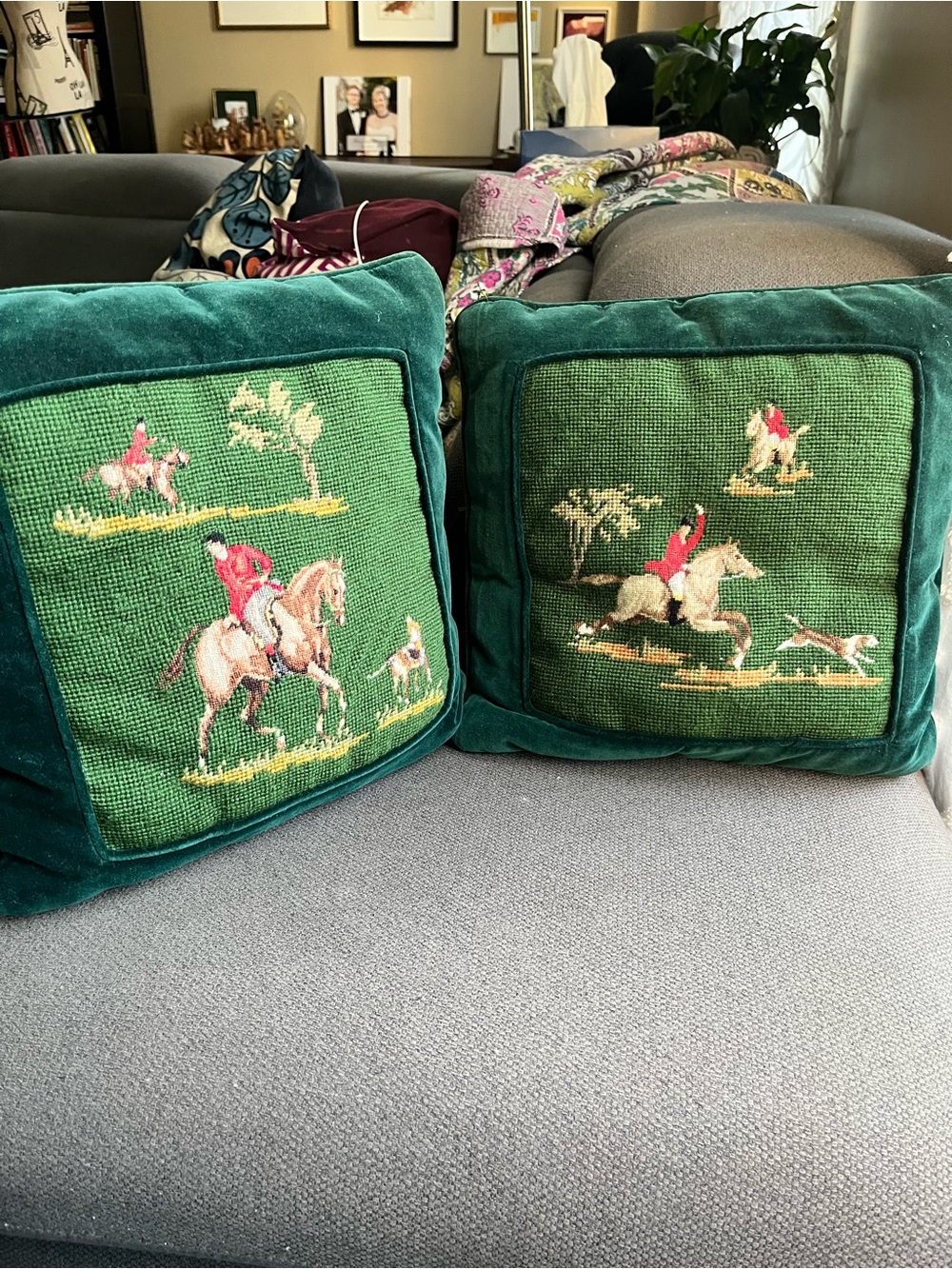 2 Classic Green Velvet Needlepoint Fox Hunt Decorative Pillows